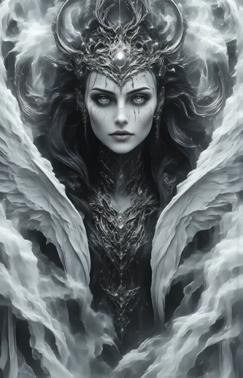 Accurate portraiture of the Norse goddess Hel,portrait,realistic eyes,face portrait,pov,16K, Realism, Masterpiece, looking at viewer,black and white photography with colored eyes,Masterpiece, High Resolution, Best Quality, Award Winning, Accurate, Detail, ...