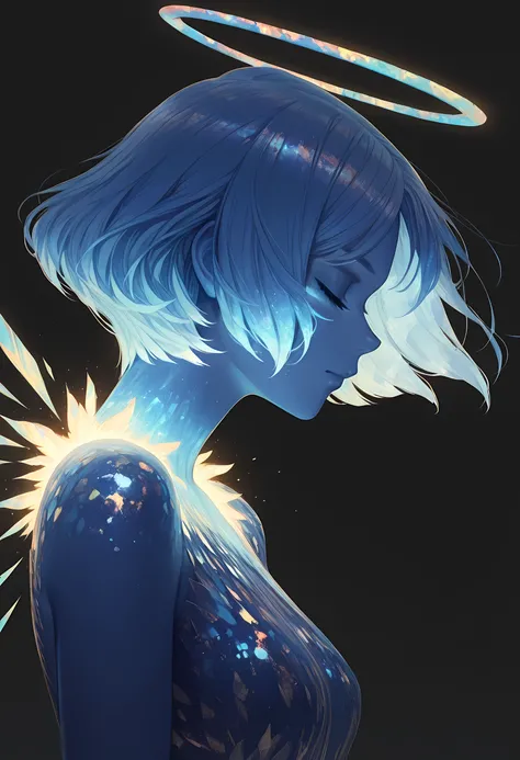 celestihan2,old manga,masterpiece,best quality,amazing quality, 1girl, solo, short hair, simple background, closed mouth, blue hair, upper body, closed eyes, halo, from side, profile, glowing, black background, blue theme, blue skin, colorful,