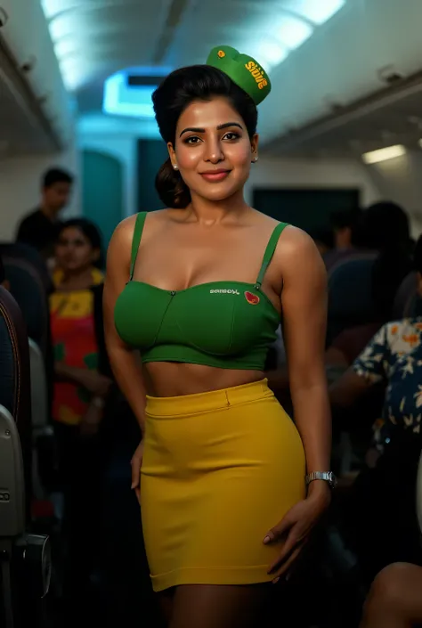 A full view of an Indian lady semi curvy,standing tall in the aircraft cabin's dimly lit atmosphere, dressed in a crisp yellowish color mini skirt and green bra as an uniform with her dark hair styled in a chic updo. Wearing a cap of Spicejet Airline ,Her ...