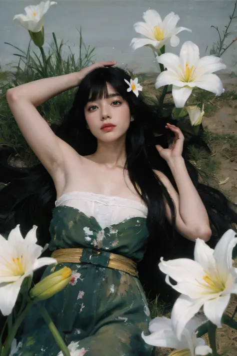 (oil painting:1.5),
\\
a woman with (black long hair with flat bangs), ((green eyes)) and lily flowers in her hair is laying down in a field of white lily flowers, (amy sol:0.248), (stanley artgerm lau:0.106), (a detailed painting:0.353), (gothic art:0.106...