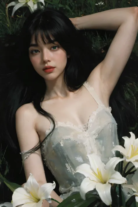 (oil painting:1.5),
\\
a woman with (black long hair with flat bangs), ((green eyes)) and lily flowers in her hair is laying down in a field of white lily flowers, (amy sol:0.248), (stanley artgerm lau:0.106), (a detailed painting:0.353), (gothic art:0.106...