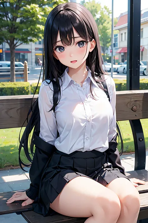  8k resolution,((Highest quality)),super high definition, Adult Female, alone,  sexy, (embarrassed expression), ( black eyes), beautiful symmetrical face, (black straight long hair),white shirt for summer,skirt,realistic:1.4,realistic:1.4,(masterpiece:1.2)...