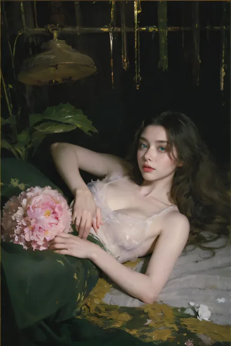 (oil painting:1.5),
\\
a woman with (long curtly hair ), ((green eyes)) is lie on the ground, peony, (amy sol:0.248) , with  dress,  (stanley artgerm lau:0.106), (a detailed painting:0.353), (gothic art:0.106)