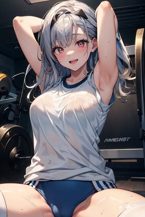 moderniadef,(white gym shirt,gym uniform,dark blue buruma:1.3),highleg,bare shoulders,smile,slender,large breasts,(upper body:1.3),open mouth, embarrassed ,blush,spread armpit, arms behind head,(spread legs:1.3),(legs up),(cameltoe:1.3),wet,sweat,steam,mas...