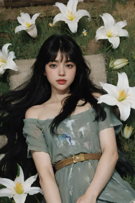 (oil painting:1.5),
\\
a woman with (black long hair with flat bangs), ((green eyes)) and lily flowers in her hair is laying down in a field of white lily flowers, (amy sol:0.248), (stanley artgerm lau:0.106), (a detailed painting:0.353), (gothic art:0.106...