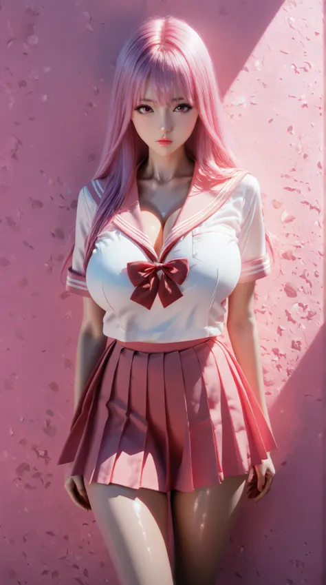 (masterpiece, best quality:1.2), 1 girl, Solitary,Standing, Long hair，Pink skirt，big breasts, cleavage, (photorealistic), japanese high school girl, slender, anime, sexy, submissive, erotic, sailor suit, student uniform, pink background, pastel color palet...