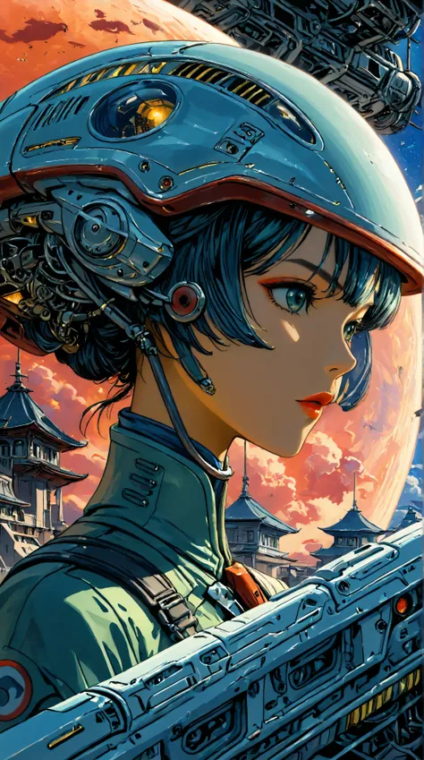 ((best quality)), ((masterpiece)), (detailed), perfect face of cyberpunk mecha japanese girl, surreal, art nouveau, in the illustrative style of moebius, spaceships, aliens, fantasy, sci-fi, graphic novel, line drawing, french retro,
