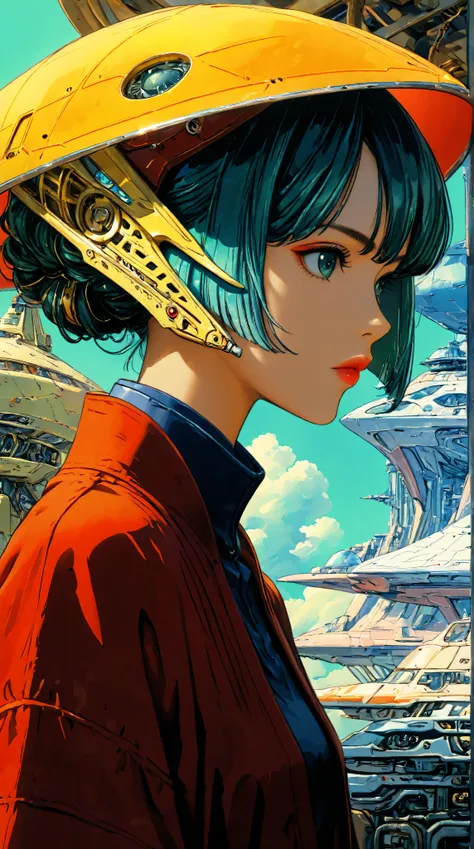 ((best quality)), ((masterpiece)), (detailed), perfect face of cyberpunk mecha japanese girl, surreal, art nouveau, in the illustrative style of moebius, spaceships, aliens, fantasy, sci-fi, graphic novel, line drawing, french retro,
