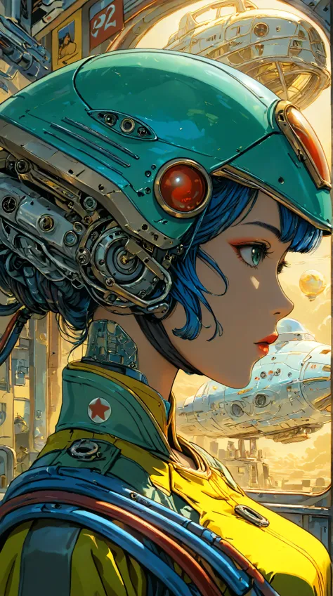 ((best quality)), ((masterpiece)), (detailed), perfect face of cyberpunk mecha japanese girl, surreal, art nouveau, in the illustrative style of moebius, spaceships, aliens, fantasy, sci-fi, graphic novel, line drawing, french retro, blues, teals, yellows,...