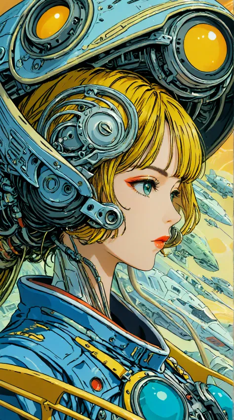 ((best quality)), ((masterpiece)), (detailed), perfect face of cyberpunk mecha japanese girl, surreal, art nouveau, in the illustrative style of moebius, spaceships, aliens, fantasy, sci-fi, graphic novel, line drawing, french retro, blues, teals, yellows,...