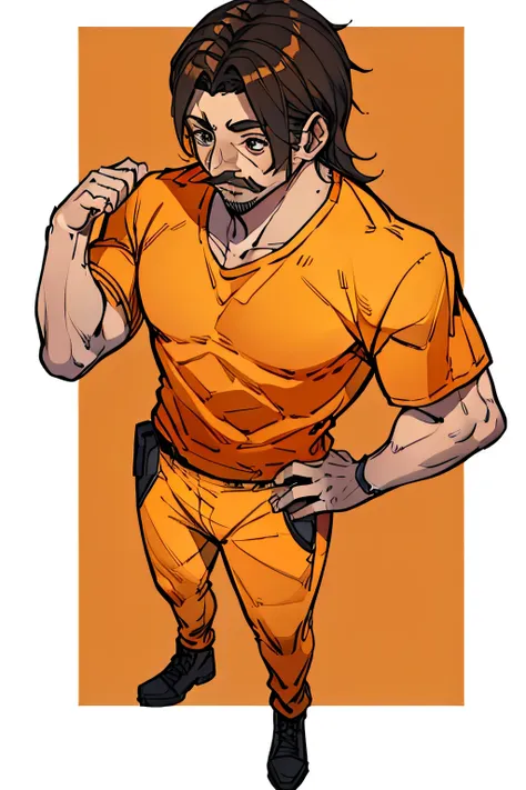 full body adult male, Muscular, orange t-shirt, orange pants and mustache