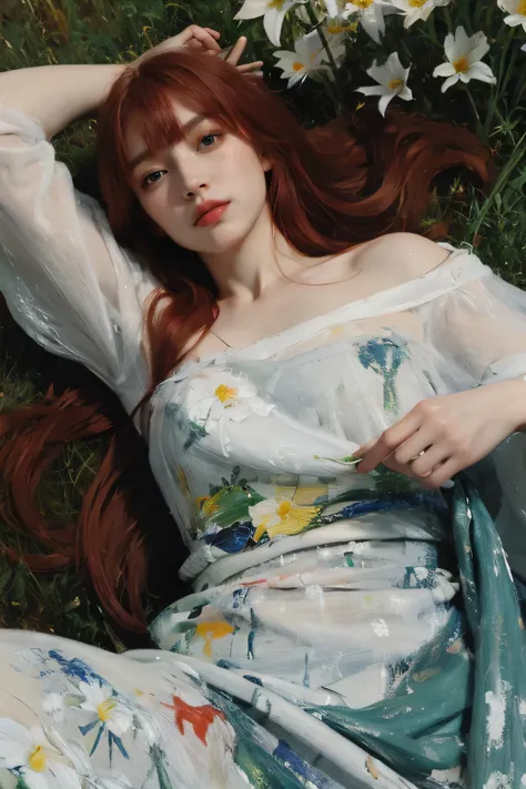 (oil painting:1.5),
\\
a woman with (red long hair with flat bangs), ((green eyes)) and lily flowers in her hair is laying down in a field of white lily flowers, (amy sol:0.248), (stanley artgerm lau:0.106), (a detailed painting:0.353), (gothic art:0.106)