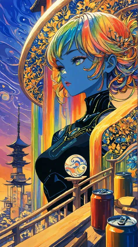 ((best quality)), ((masterpiece)), (detailed), perfect face of cyberpunk mecha japanese girl, neon rainbow eyes, metallic black body, rainbow hair, ((monochromatic neon rainbow color palette)), surreal, art nouveau, in the illustrative style of moebius, sp...