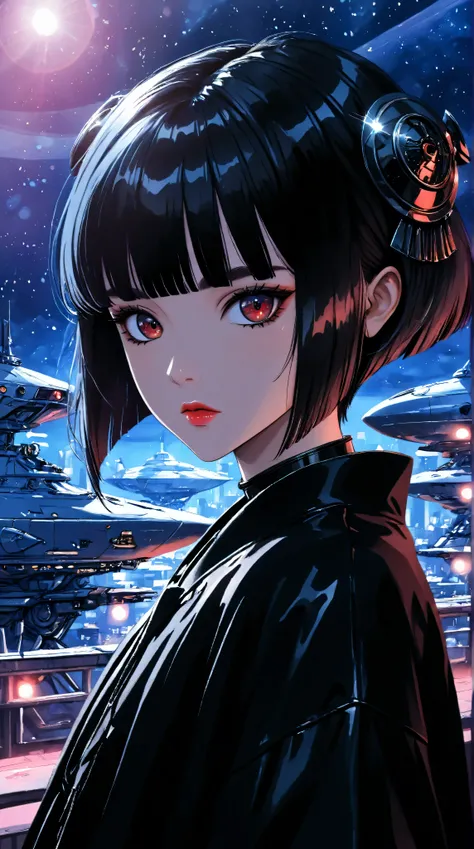 ((best quality)), ((masterpiece)), (detailed), perfect face of cyberpunk mecha japanese girl, shiny red eyes, shiny black body, shiny black hair, ((monochromatic black color palette)), surreal, art nouveau, in the illustrative style of moebius, spaceships,...