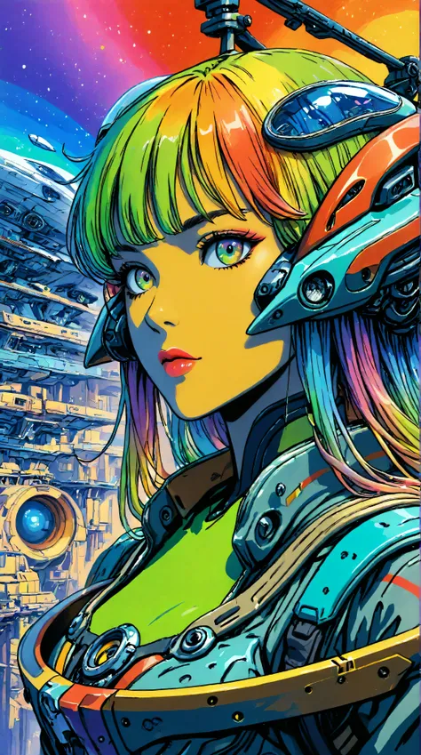 ((best quality)), ((masterpiece)), (detailed), perfect face of cyberpunk mecha japanese girl, neon rainbow eyes, neon yellow body, rainbow hair, ((monochromatic neon rainbow color palette)), surreal, art nouveau, in the illustrative style of moebius, space...