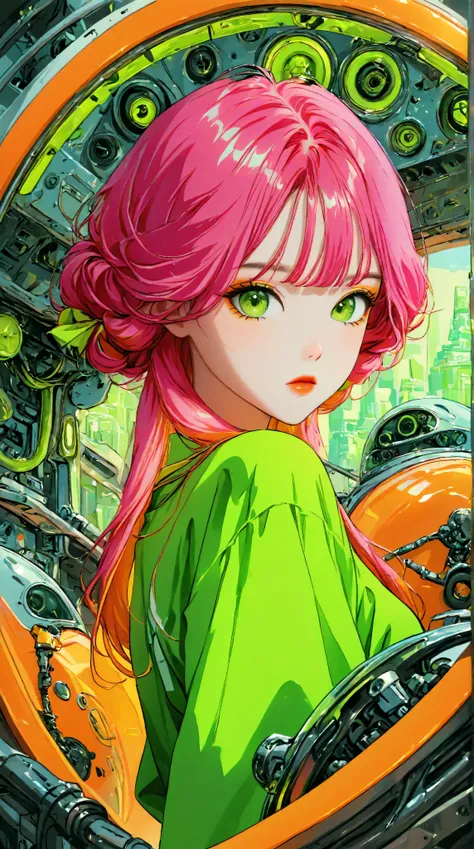 ((best quality)), ((masterpiece)), (detailed), perfect face of cyberpunk mecha japanese girl, neon pink body, neon pink hair, big neon lime green eyes, ((monochromatic neon pink, orange and neon green color palette)), surreal, art nouveau, in the illustrat...