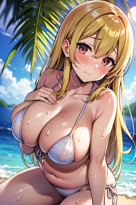 Best quality, high resolution, 1 Japanese girl, blonde 1.3, shiny white skin, sweaty 1.4, white skin 1.5, big breasts, a little chubby, seductive pose, bikini swimsuit 1.5, plump thighs, embarrassed expression, beach background