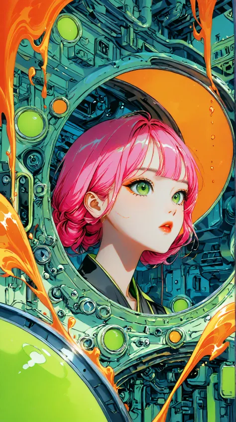 ((best quality)), ((masterpiece)), (detailed), perfect face of cyberpunk mecha japanese girl, neon pink body, neon pink hair, big neon lime green eyes, ((monochromatic neon pink, orange and neon green color palette)), surreal, art nouveau, in the illustrat...