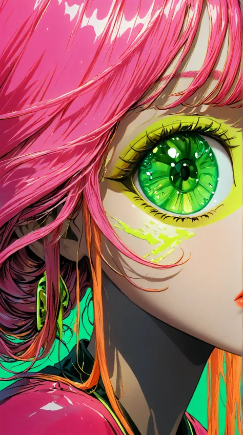 ((best quality)), ((masterpiece)), (detailed), perfect face of cyberpunk mecha japanese girl, neon pink body, neon pink hair, big neon lime green eyes, ((monochromatic neon pink, orange and neon green color palette)), surreal, art nouveau, in the illustrat...