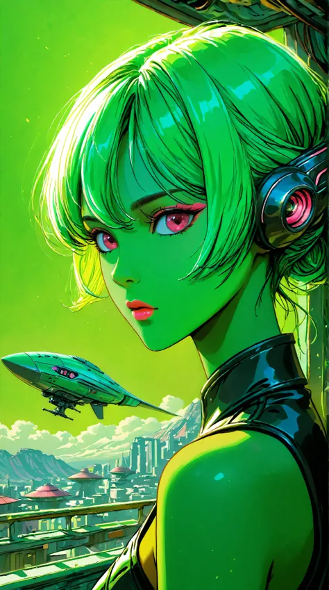 ((best quality)), ((masterpiece)), (detailed), perfect face of cyberpunk mecha japanese girl, neon pink eyes, neon green body, neon green hair, ((monochromatic neon pink, yellow, and green color palette)), surreal, art nouveau, in the illustrative style of...