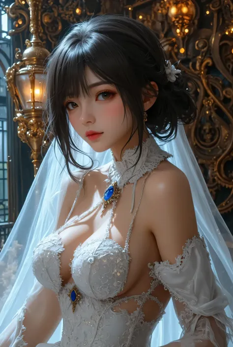  best quality , Super quality, 16k,  Unbelievably Absurd,  very detailed,  lovely photo,  delicate and dynamic,  Kiri Reina female,  seductive smile,  pure white wedding dress ,  great style , bouquet,  steampunk,  DIESEL PUNK ,  clock punk ,  cyberpunk, G...