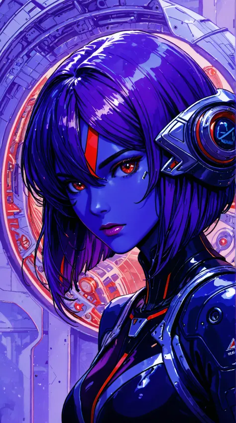 ((best quality)), ((masterpiece)), (detailed), perfect face of cyberpunk mecha japanese girl, neon red eyes, neon blue body, neon purple hair, ((monochromatic neon red, blue, and purple color palette)), surreal, art nouveau, in the illustrative style of mo...