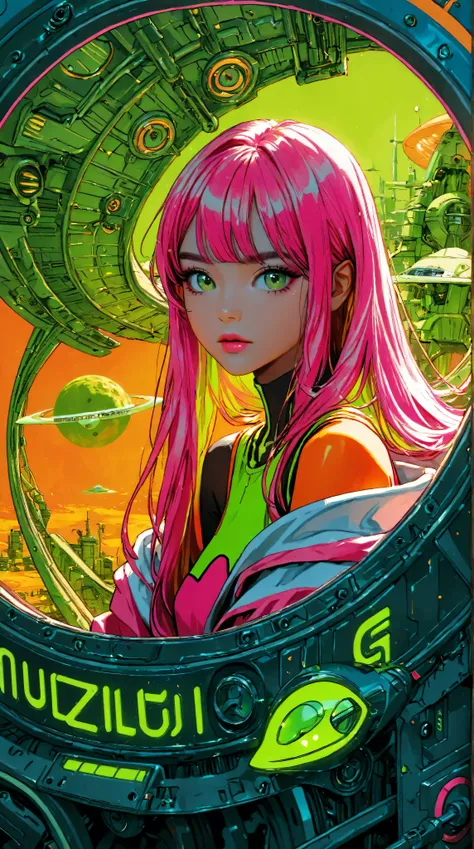 ((best quality)), ((masterpiece)), (detailed), perfect face of cyberpunk mecha japanese girl, neon pink body, neon pink hair, big neon lime green eyes, ((monochromatic neon pink, orange and neon green color palette)), surreal, art nouveau, in the illustrat...