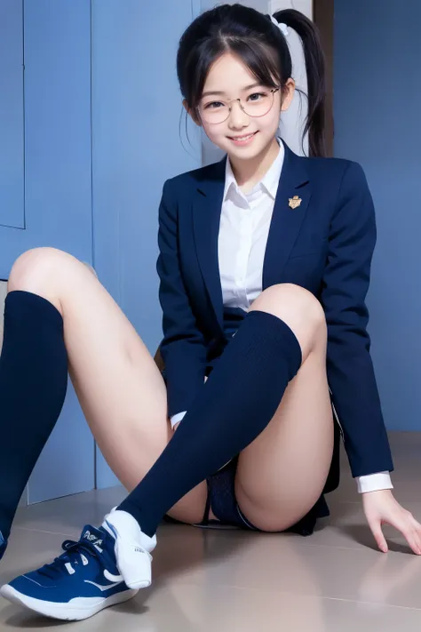 Blue sky background, girl in uniform sitting on a concrete staircase,squatting, Straddling, ((spread legs)), Place your hands on the ground,((navy blue knee-high socks)),(( high quality panties for elementary school boys)),angles from below,navy blue pleat...