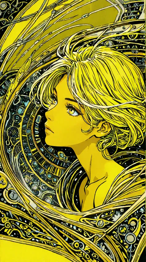 ((best quality)), ((masterpiece)), (detailed), perfect face of cyberpunk mecha japanese girl, neon yellow eyes, neon yellow body, neon yellow hair, ((monochromatic neon yellow color palette)), surreal, art nouveau, in the illustrative style of moebius, spa...