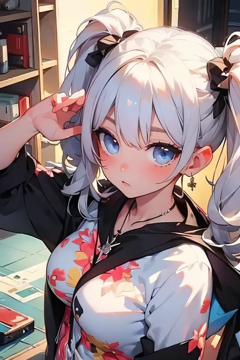 huge, twin tails from above, Silver Hair, hoodie, vintage gothic, stop temporarily, cute, looks up, high quality, necklaces, ring, bracelet, Earrings, Floating in the air, Mysterious Light, Mysterious Atmosphere , deep background showing one person, ...