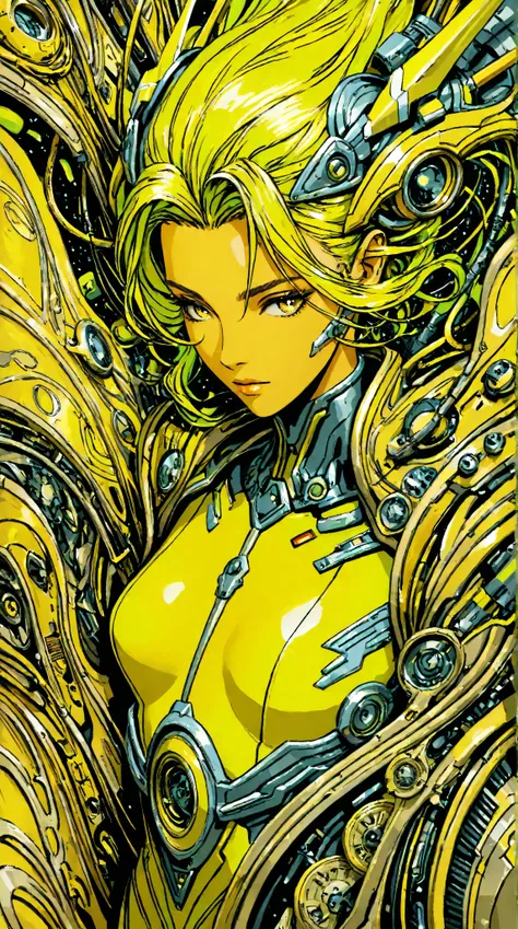 ((best quality)), ((masterpiece)), (detailed), perfect face of cyberpunk mecha japanese girl, neon yellow eyes, neon yellow body, neon yellow hair, ((monochromatic neon yellow color palette)), surreal, art nouveau, in the illustrative style of moebius, spa...