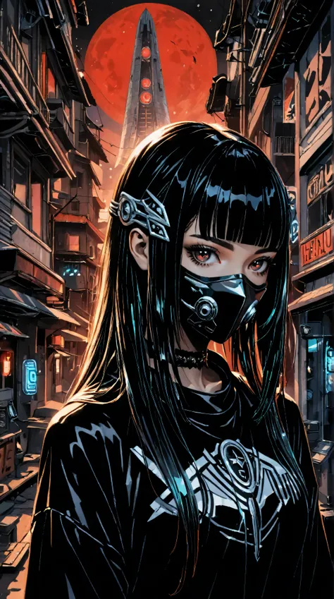 ((best quality)), ((masterpiece)), (detailed), perfect face of cyberpunk mecha japanese girl, shiny black eyes, shiny black body, shiny black hair, ((monochromatic black color palette)), surreal, art nouveau, in the illustrative style of moebius, spaceship...