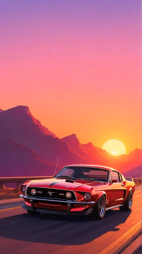 there is a mustang  colour ninja driving down a road at sunset, by Alena Aenami, bussiere rutkowski andreas rocha, style of alena aenami, artistic. alena aenami, inspired by Alena Aenami, art of alena aenami, in the sunset, beautiful sunset glow, beeple an...