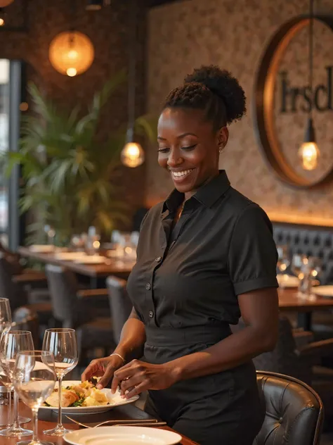 A realistic and high-resolution image of a chic and modern restaurant, with a sophisticated environment and cozy lighting. In the center of the scene, a black employee with short and well-treated hair is picking up elegant fine glasses,  conveying professi...