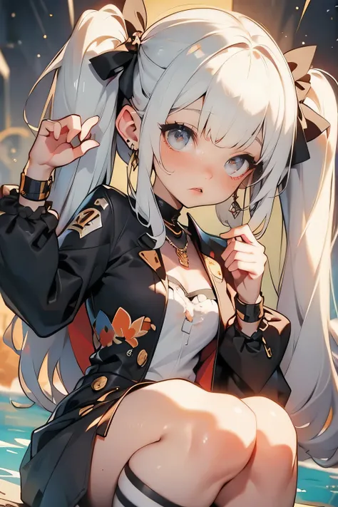 huge, twin tails from above,  Silver Hair,  vintage gothic, stop temporarily, cute,  looks up, high quality, necklaces, ring, bracelet, Earrings, Floating in the air, Mysterious Light,  Mysterious Atmosphere ,  deep background showing one person, Deep Shad...