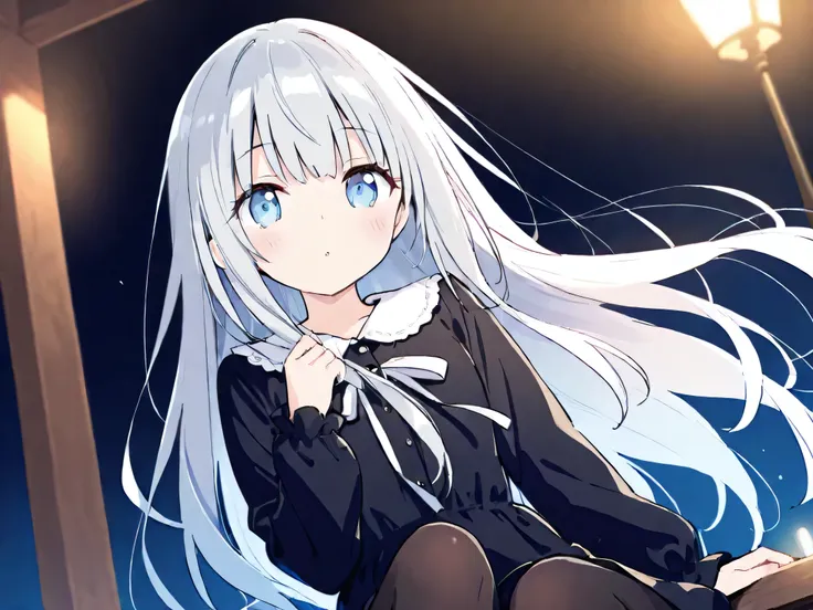 1girl, long silver hair, blue eyes, long black stockings, long sleeve, calm face, cool face, full body, high res, ultrasharp, 8K, masterpiece