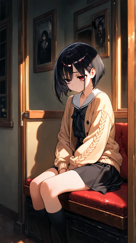 Girl with dark circles and looks disgraced.  short black hair . Sitting alone by a dark window. dark red eyes. I'm wearing a rich skirt and a bolero cardigan.