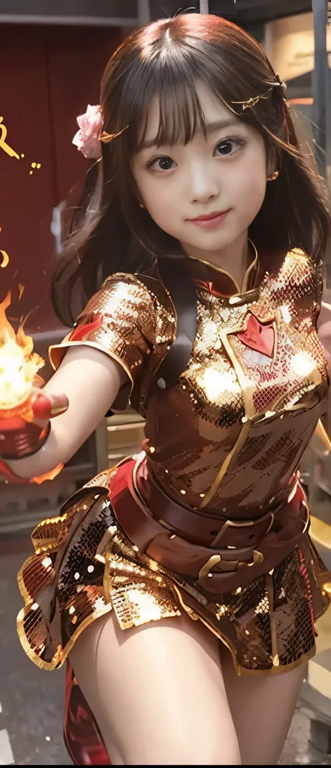 pure idol girl、A pure girl's face、 hypo、、gold sequin mini china dress、Shiny Red Heroic Shirt、 Glowing Fire Sword、Magma Belt