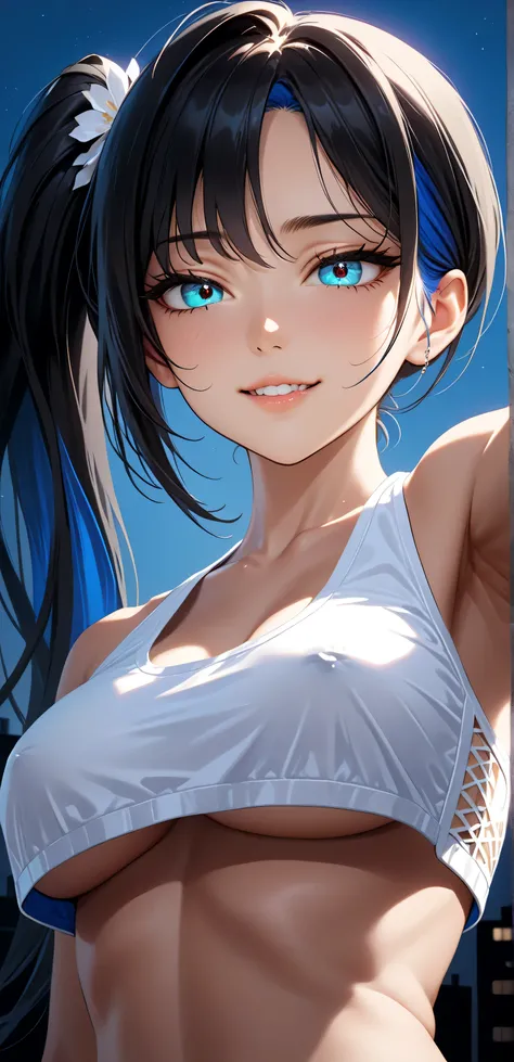 Close up, upper body, Random Sexy pose , ((Ultra detailing)), ((very aesthetic, best quality, ultra detailed)), intricate details, 1girl, ((long hair, Black hair, Side ponytail, blue inner hair)), ((Multi colour eyes)), ((Detailed eyes)), ((Beautifull eyes...