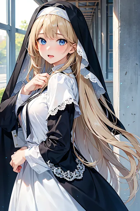  8k resolution,((Highest quality)),super high definition, Adult Female, alone,  sexy, (embarrassed expression), (blue eyes), beautiful symmetrical face, ( straight long blonde hair ), Nun's Robe , lace long skirt,Veil,realistic:1.4,realistic:1.4,(masterpie...