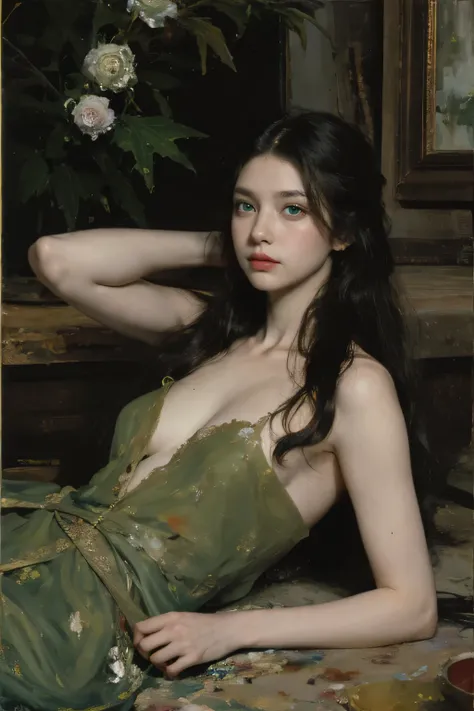 (oil painting:1.5),
\\
a woman with (long curtly hair ), ((green eyes)) is lie on the ground, peony, (amy sol:0.248), nude , with  dress,  (stanley artgerm lau:0.106), (a detailed painting:0.353), (gothic art:0.106)