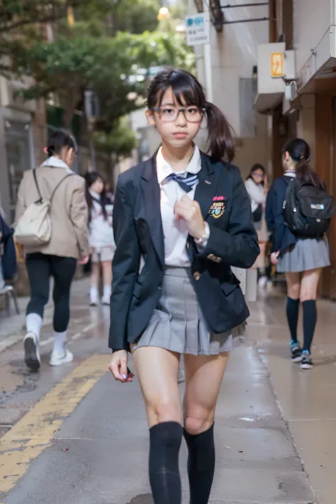 super image quality,Front view of a female junior high school student sitting,navy blue blazer, gray micro-pleated miniskirt ,navy blue knee-high socks,((high socks up to half the knee)),blue student ribbon,black hair ponytail,glasses,