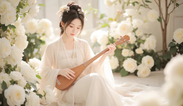 "Create an image of a woman in a light-colored Hanfu, holding a Pipa, surrounded by white roses, soft and diffused light, serene and elegant atmosphere."