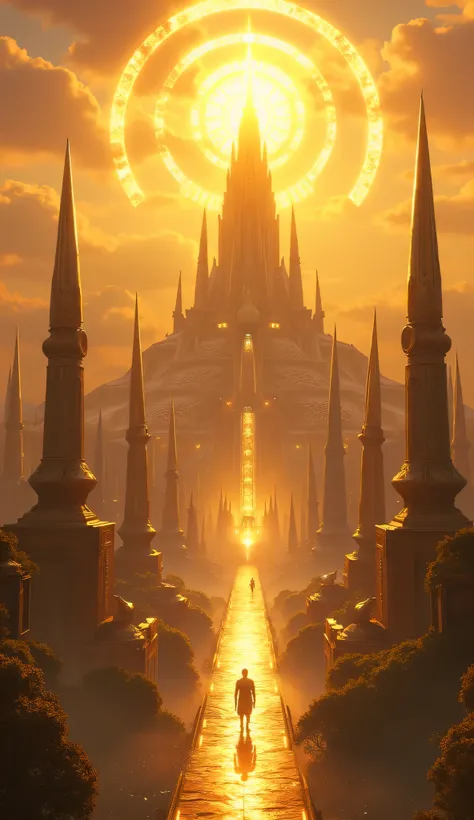 Generate a sprawling high-fantasy city bathed in eternal golden sunlight, inspired by celestial theocracies and solar grandeur. The scene centers on Dawnfall, City of the Eternal Sunrise, with these key elements:  

1. Architecture: Towering golden spires ...