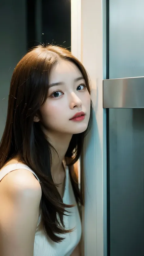 A beautiful and cute woman, looking up inside an elevator, her gaze fixed on something above her. She is wearing a white outfit, her expression filled with curiosity or wonder. The soft lighting from the elevator casts a gentle glow on her face, highlighti...