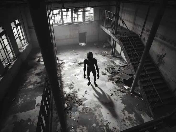 interior of an abandoned building in monochrome and low quality cctv footage of a horror scenario