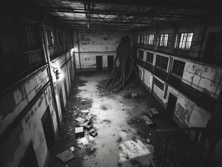 interior of an abandoned building in monochrome and low quality cctv footage of a horror scenario