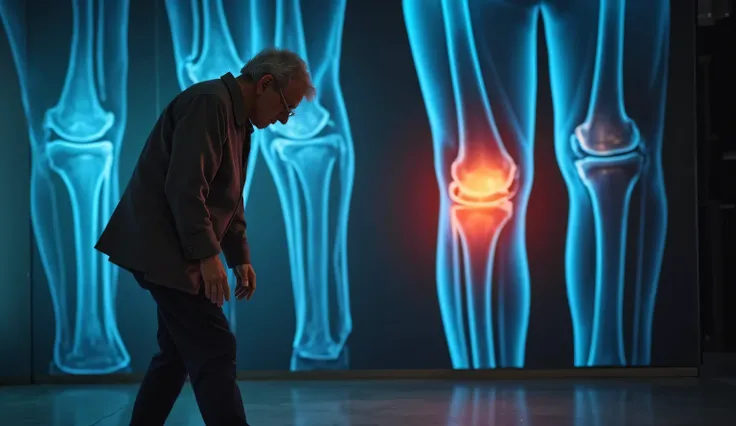 An elderly man walking with difficulty, holding his knee in pain. A large X-ray image of his knee is displayed in the background, showing signs of joint problems. The scene has a dramatic lighting effect, creating a medical and health awareness theme