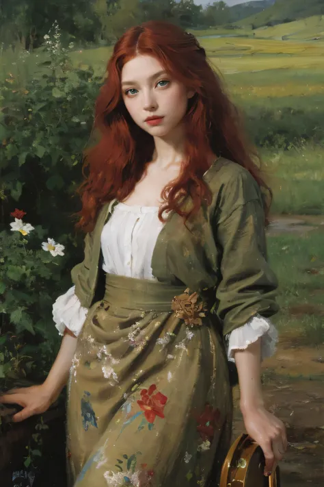 (oil painting:1.5),
\\
a woman with (red long curtly hair ), ((green eyes))  in a field with piones flowers, (amy sol:0.248), (stanley artgerm lau:0.106), (a detailed painting:0.353), (gothic art:0.106)