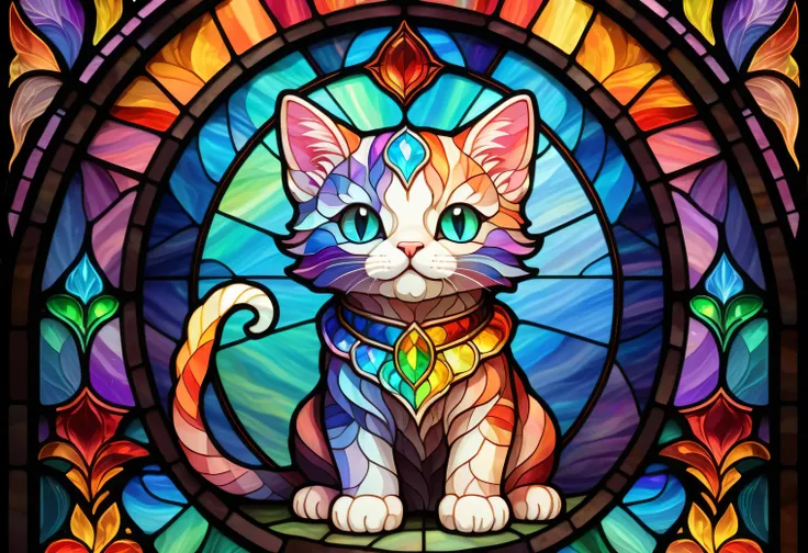 Cute cat,full body, rainbow color , 2D stained glass window, window frame in the stained glass style . Dungeons&dragon art . symmetrical design , stained glass style, pastel color scheme , nothing , top quality, very detailed ,